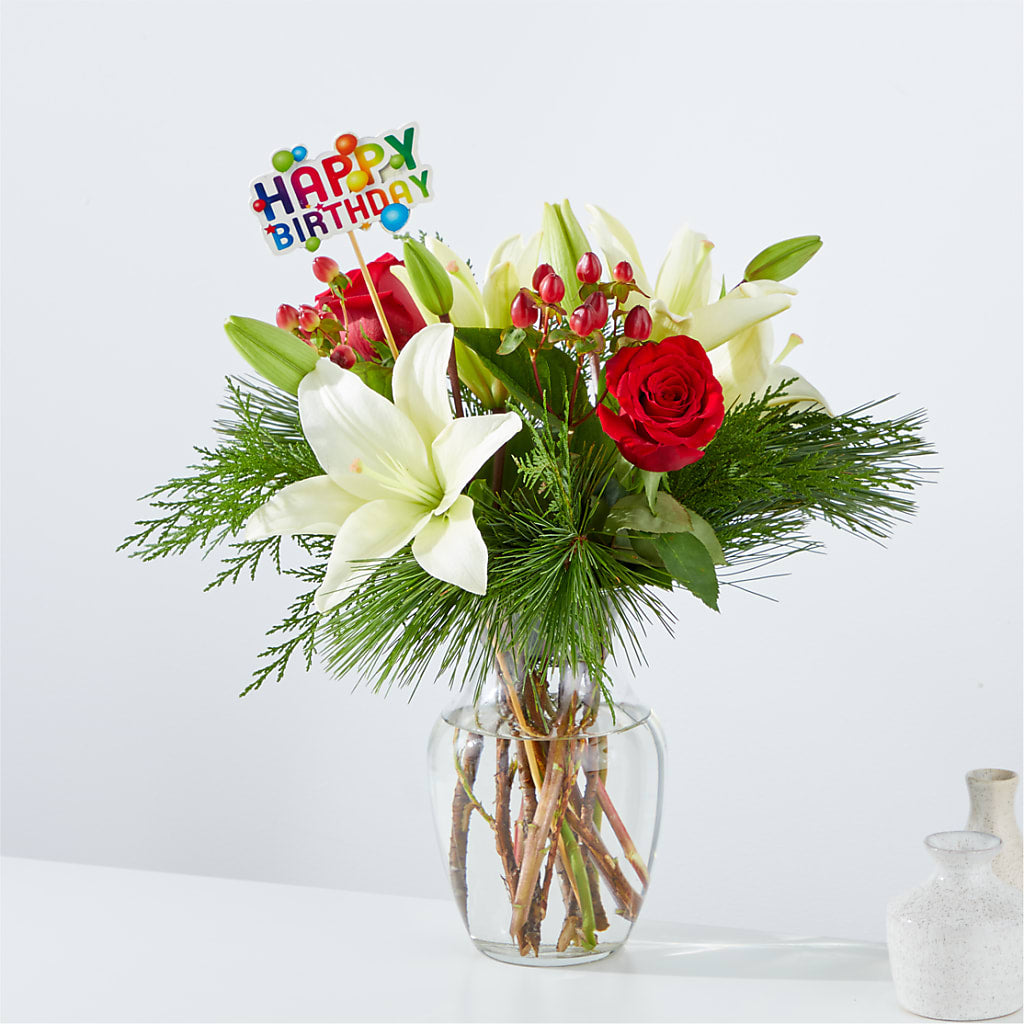 Evergreen Delight Bouquet & Happy Birthday Topper